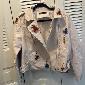 Cream Leather Jacket with Floral Embroidery